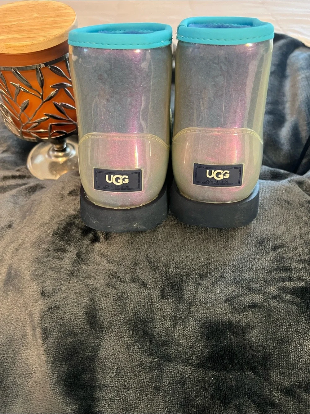 UGG Kids Iridescent Teal-Trim Short Rain Boots